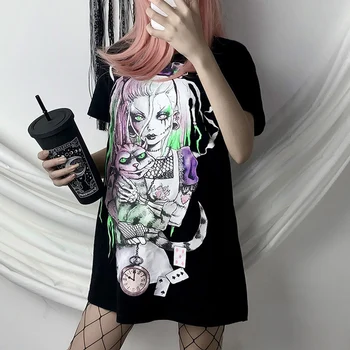 Gótico Negro T-shirt Mujer Tops de Manga Corta Floja larga T Shirt Ropa de Harajuku Estilo Punk camiseta de Halloween Ropa de Mujer