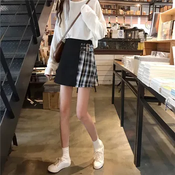 Harajuku Faldas punk japonés falda a cuadros negro falda Gótica de la Calle Alta de la Cintura de la Moda Falda Corta a Cuadros Plisado Mini Faldas