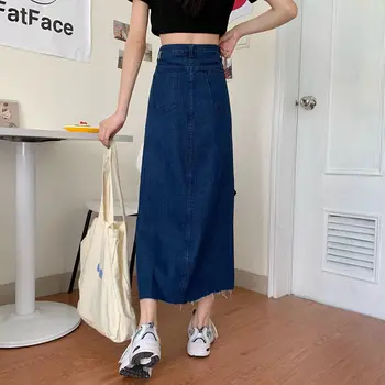 Las faldas de las Mujeres de la Moda Causal Todos-partido Botón de Mujeres del Dril de algodón de la Falda de Una Línea de Estilo coreano Sólido Simple de Cintura Alta de Verano Streetwear