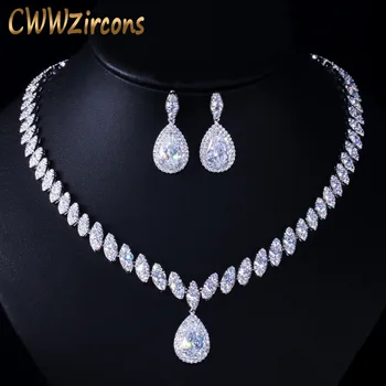 CWWZircons de Alta Calidad Cubic Zirconia de la Boda Collar y Aretes de Cristal de Lujo Joyería Nupcial Conjuntos para Damas de honor T109