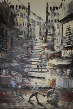 El paisaje urbano de Hong Kong A Principios de los Veinte del Siglo Pintado a Mano de la Lona Pintura al Óleo Arte Moderno de Imagen Enorme Foto de la Pintura