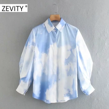 ZEVITY las mujeres de la moda de cielo azul nubes blancas de impresión delantal blusa camisas de las mujeres de la linterna de la manga de negocios roupas chic blusas tops LS7184