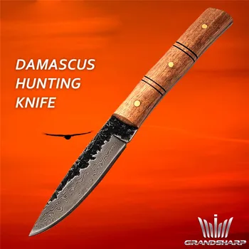 Damasco Cuchillo de Caza Forjado a Mano el Equipo al aire libre hecho a Mano de Bolsillo Cuchillo de Supervivencia Cuchillo Recto Fijo Cuchillo con Vaina