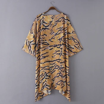 La Moda De Las Mujeres Más El Tamaño De Gasa Kimono Cardigan De Tigre Con Rayas De Impresión Irregular Dobladillo Casual De Encubrimiento De Trajes De Baño Ropa De Camisa