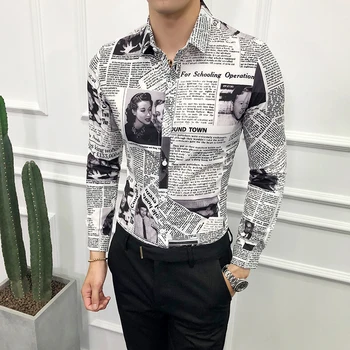 Periódicos en 3D de Impresión Camisa Masculina 2019 Diseñador de Moda Delgado Vestido de Fiesta de la Camisa de los Hombres de la Moda de Manga Larga Camisa Ocasional de la Camisa de
