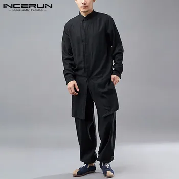 INCERUN Hombres Conjuntos de Algodón Ropa de Sólidos Camisas de Manga Larga Casual Pantalones con Cintura Elástica 2021 Retro Estilo Chino Hombres Trajes de S-5XL