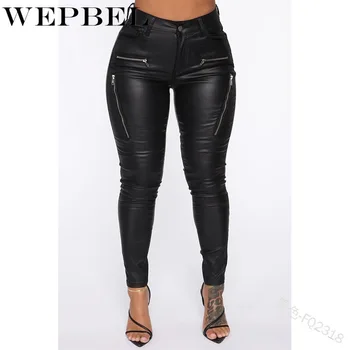WEPBEL Sexy Bodycon de la PU de Cuero de los Pantalones de Cintura Alta del Lápiz Pantalones de Mujer Llanura Mujeres Sólida Flaco PU Pantalones