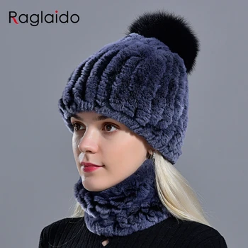 Piel de conejo pompón sombrero anillo conjunto de bufanda de las mujeres de moda de invierno de pelo natural gorras de punto de cuello de calentadores para las niñas femenino