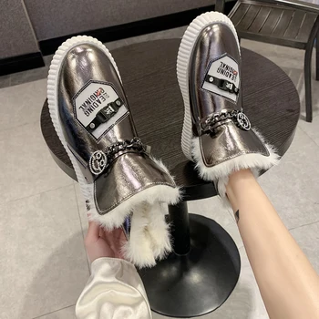 Rimocy moda Sonrisa de la cadena de Cuero de patente de tobillo Botas Mujer 2020 Caliente del Invierno a corto Felpa botas de nieve de las Mujeres de plata Zapatos de Plataforma