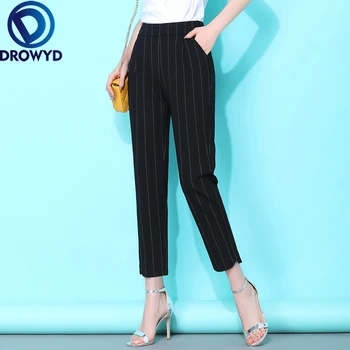 Casual altura de la Cintura Negro de Tobillo-Longitud de los Pantalones de las Mujeres de Verano Slim Señoras de la Oficina de Bolsillo del Pantalón de Rayas Solod coreano Pantalones Blancos 4XL
