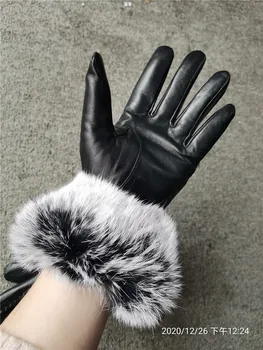 Alto grado de cuero genuino guantes de señora caliente engrosamiento de la gran rex de piel de conejo de piel de oveja guantes de las mujeres de la pantalla táctil guantes de invierno