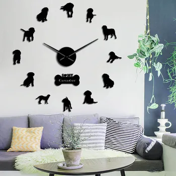 Mezclado Raza de Perro Cavador 3D Acrílico DIY Reloj de Pared de Cavalier King Charles Spaniel Labrador Retriever Cachorro de Perrito Mascota de la Pared del Reloj