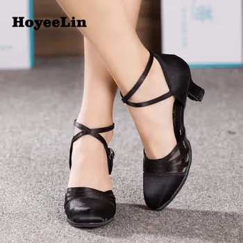 HoYeeLin Zapatos de Baile para la Venta de las Mujeres de las Señoras de la sala de Baile de la Fiesta de Tango Vals de Satén Zapatos de Baile de Tacón de 5,5 cm, Negro