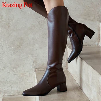 Krazing Bote 2020 cuero de vaca vintage retro de color med talón, dedo del pie puntiagudo ecuestre cremallera coreano belleza de las niñas muslo botas altas l11