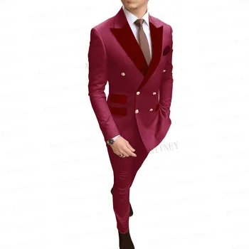 Nuevos Diseños de Borgoña, los Hombres de Traje Hecho a medida de Doble Botonadura Slim fit Novio Trajes de Boda de Negocios Vestido de Esmoquin de Chaqueta Pantalones 2Pcs