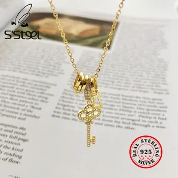S'STEEL Clave de Circón Colgante de Collar de la Plata Esterlina 925 Collares de Oro de la Cadena de Zilveren Ketting de Lujo Diseñador de la Joyería Para las Mujeres