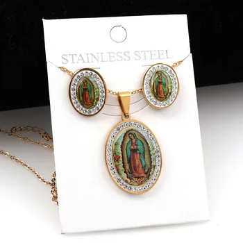 De alta calidad Oval Virgen María Cristiana Católica Collar para las Mujeres de Oro de Acero Inoxidable 316L Con Collares de diamantes de imitación Conjunto
