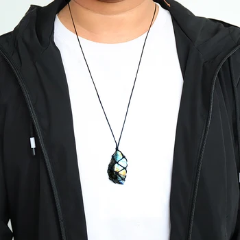 Labradorita Collar De Piedra Natural Colgante De Envolver Trenzado Collar De Las Mujeres De Los Hombres Azul Verde Fluorita Collar