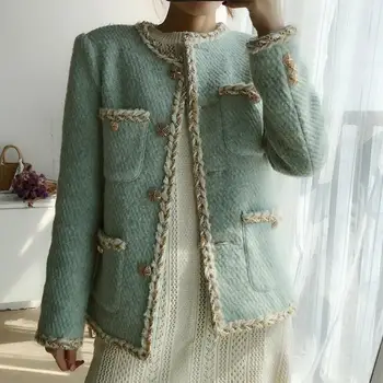 Pequeña fragancia de tweed corto de lana chaqueta de las mujeres del o-cuello suelto de lana gruesa capa de mezcla