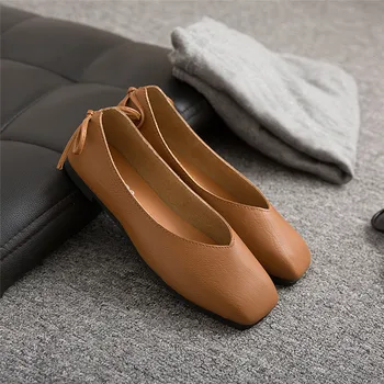 Las Mujeres Zapatos Vintage De La Moda De Cuero Marrón Ballet Flats Casual De Pies Cuadrados De Color Sólido Arco De Deslizamiento En Mocasines Salvaje De Enfermería Zapatos Nuevos
