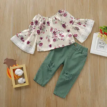 1-6 de las Niñas juego de Ropa de la Llamarada de la Manga de la Camisa de los Niños de color Rosa de la Impresión Floral de las Niñas Tops Verde Agujero Pantalones Niñas Conjuntos de Ropa de Niño Trajes