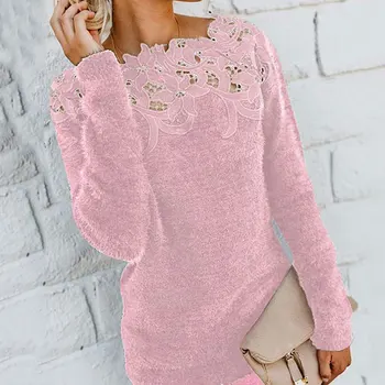 2020 Otoño de gran tamaño Suéter de las Mujeres Señoras de Puente Suelta de Manga Larga de Encaje Suéter de Jersey de las Mujeres de color Rosa Negro 5xl