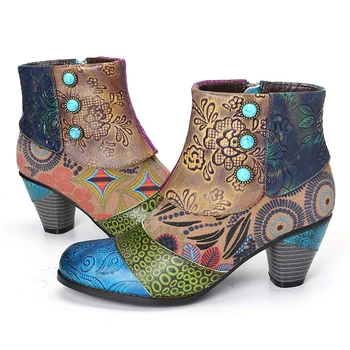 Retro Colorido Botas Patrón de Cuero de la PU Hermosa Plaza Alta Talón de la Cremallera de las Botas Elegantes Zapatos de las Mujeres