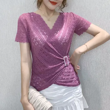 Mujeres Sexy de Encaje Tops 2021 Verano de Manga Corta Blusa de cuello en V Huecos Camiseta de la Moda de Blusas de Encaje Más el Tamaño de Blusas Mujer 13154