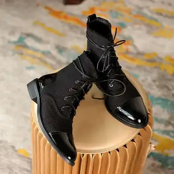 Krazing Bote 2021 nuevo estilo, más el tamaño de dedo del pie redondo med talón zapatos de invierno de las mujeres de la alta moda de la calle de patchwork modernas botas de tobillo L11