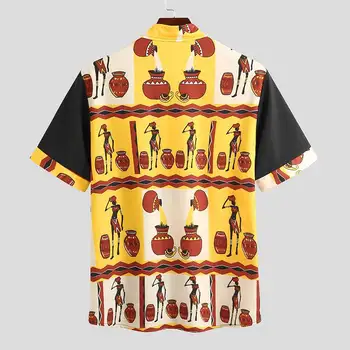 INCERUN Hombres de la Camisa de África Ropa de Manga Corta de Verano Streetwear Impresión de Patchwork 2021 Dashiki Camisas Casuales de la Moda Solapa de la Camisa