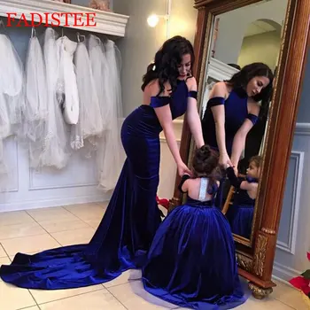 Terciopelo Largo de las Muchachas de Flor del Vestido De Boda, Primera comunión Desfile de Vestido de Fiesta Azul 2021 Primavera 1 Pieza Vestido de Niña