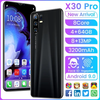 X30pro de 5.8 Pulgadas Andriod 9 Teléfono Inteligente de la Nueva Llegada de 4GB+64GB Teléfono Móvil de 8 núcleos de huellas Dactilares ID del Teléfono Celular de Doble Cámara de teléfono Inteligente