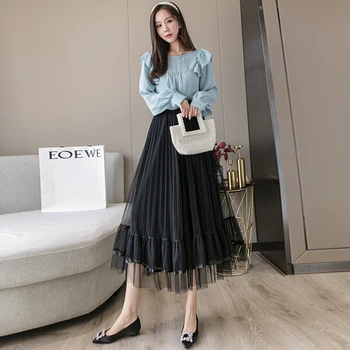 Faldas de las mujeres otoño invierno largo de la costura de malla de terciopelo con faldas de tul Mujeres estilo coreano de alta en la cintura Una línea de plisada faldas midi