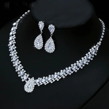 Blanco elegante negro Gota de Agua, sistema de la Joyería de diamantes de imitación de color rosa pendientes del collar de la conjunto de la boda Accesorios de las Mujeres