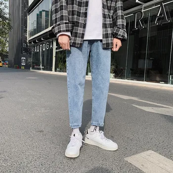 JDDTON de Verano para Hombre Pantalón de Mezclilla Estilo coreano Flojo Recta Streetwear Tobillo Longitud de los Pantalones de la Marca de Moda Masculina Casual Jeans JE467
