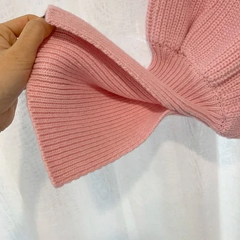 De gran tamaño Recortado Suéter de las Mujeres 2020 Otoño Invierno Nueva Barra en el Cuello de los Hombros Fuera Casual Elegante de color Rosa Suéteres de las Mujeres 