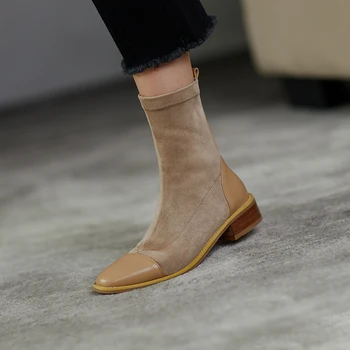 2020 Otoño Tramo de Vaca Botas de Gamuza Anillo de las Mujeres Botas de 3cm de Grueso Tacones Dedo del pie Redondo Botas de Tobillo para las Mujeres Zapatos de Gamuza Botas de Mujer