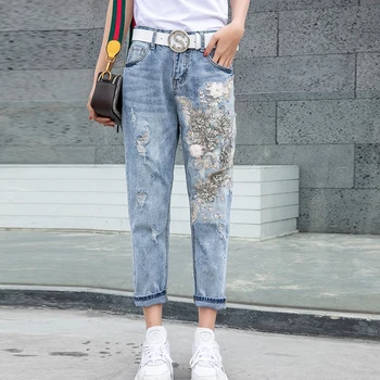 2019 Nuevo estilo de las Mujeres en 3D Flor camisetas Jeans Conjuntos de Apliques Bordados Camisetas+Agujeros de los pantalones Vaqueros de los Pantalones de los Trajes Trajes