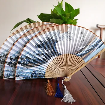 21cm de Mano de Seda, Abanicos Japoneses de Estilo Vintage estructura de Bambú de Kanagawa Olas del Mar de Impresión Para la Fiesta Regalo