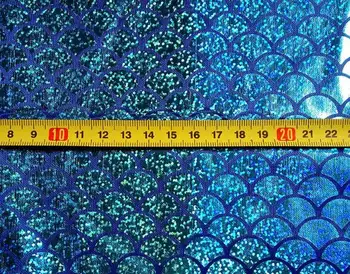 1m Lago azul láser pequeño de la escala de pescados dorados de tejido de punto de Sirena decorativos de tela etapa de rendimiento de ropa de tela de ancho 150cm