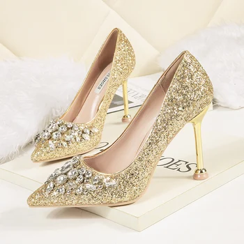 De oro de cristal de la boda zapatos de las mujeres de plata tacones punta del dedo del pie dedo del pie zapatos de tacón de aguja de las mujeres de las bombas de tela con lentejuelas de zapatos de tacón alto bling