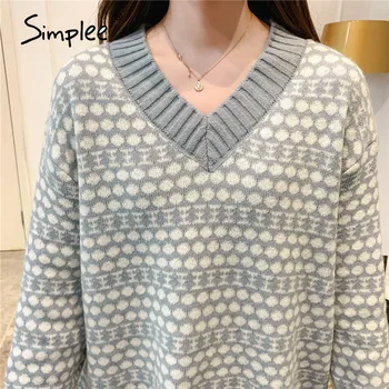 Simplee Moda geométrica grueso suéter de cuello en V de las mujeres otoño invierno Jersey de Ocio señora de la Oficina de la moda suéter de punto de 2020