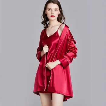 Rojo Kimono Túnica Vestido De Satén De Las Mujeres Ropa De Dormir Sexy Lencería Íntima Casual Camisón 2021 Nueva Ropa De Dormir De Seda Ropa De Hogar