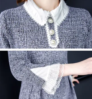 Diseño de la pista de la Vendimia Vestido de Tweed de Otoño de las Mujeres Collar de la Muñeca de Dulce Temperamento de la Colmena de Empalme de Una línea de Vestidos Midi