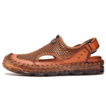 Merkmak de Verano de Cuero Genuino de los Hombres de las Sandalias hechas a Mano de los Hombres Clásicos Zapatos de Caminar Sandalias de Playa al aire libre de los Hombres Romano Sandalias de Gran Tamaño