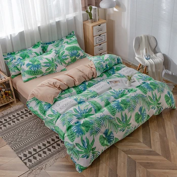 Hoja verde cubierta de edredón funda de Almohada 3pcs 220x240 /200x200 /175x220,solo queen doble, cama king size，colcha cubre ,juego de cama