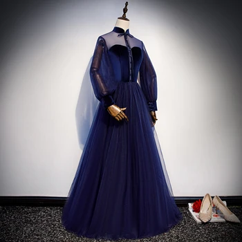 Azul marino Vestido de Noche de cuello Alto Ilusión de Una línea de Piso-longitud de Tul de Encaje de Color Personalizado, Más el tamaño de Noche Formal, Vestidos de R1265