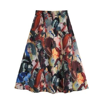 CHEERART Caída de las Faldas Largas de Mujer Impresionismo de Impresión de Alta Cintura Una Línea de Señoras Faldas Midi de Otoño de la Ropa