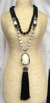 YA2428 Buda Pave de diamantes de imitación de la Borla Negra Agat Perlas de Nudo hechas a Mano Collar de 30 32pulgadas