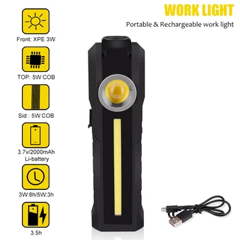 USB Recargable de la Luz de Trabajo de Dimmable LED COB Girar la Linterna Lámpara de Inspección Portátil Linterna de Camping con Magnet y Gancho